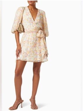 Mink Pink Elvire pastel floral mini wrap dress puff sleeve Wedding Guest Party